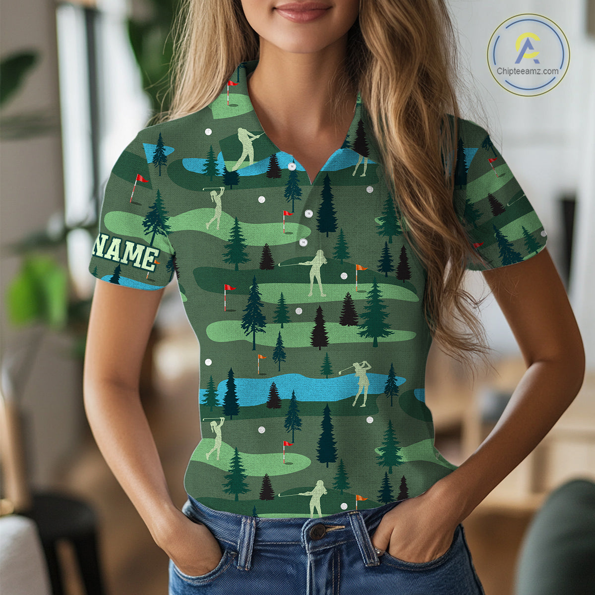 Golf Polo Shirts For Womens Custom Name, Golf Course Pattern Vintage Shirt Gifts YYD0031