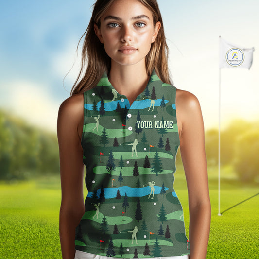 Golf Sleeveless Polo Shirts For Womens Custom Name, Golf Course Pattern Vintage Shirt Gifts YYD0031