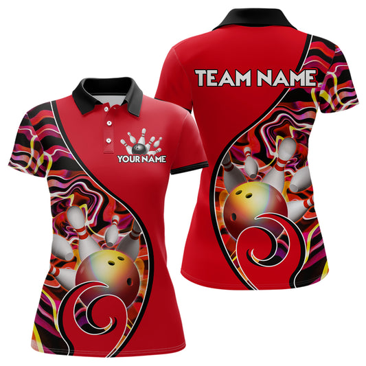 Red women's bowling polo shirt with swirling ball and pin graphics, front and back views