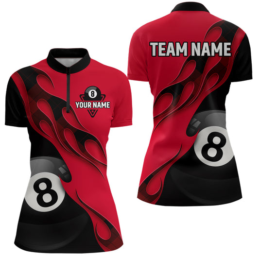Flame Ball 8 Billiard Women Quarter-Zip Shirts Custom Name, Billiard Shirt Design YYD0075