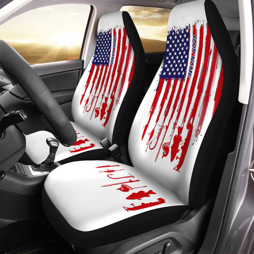 American Flag Fishing Symbols Custom Name Car Seat Covers, US flag Car Accessories Set of 2
