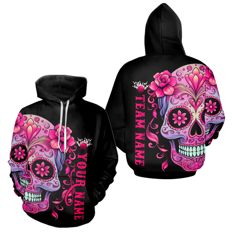 Pink Sugar Skull Tattoo Custom Men And Women Bowling Hoodie Shirts, Halloween Team Bowling Jerseys IPHW5243