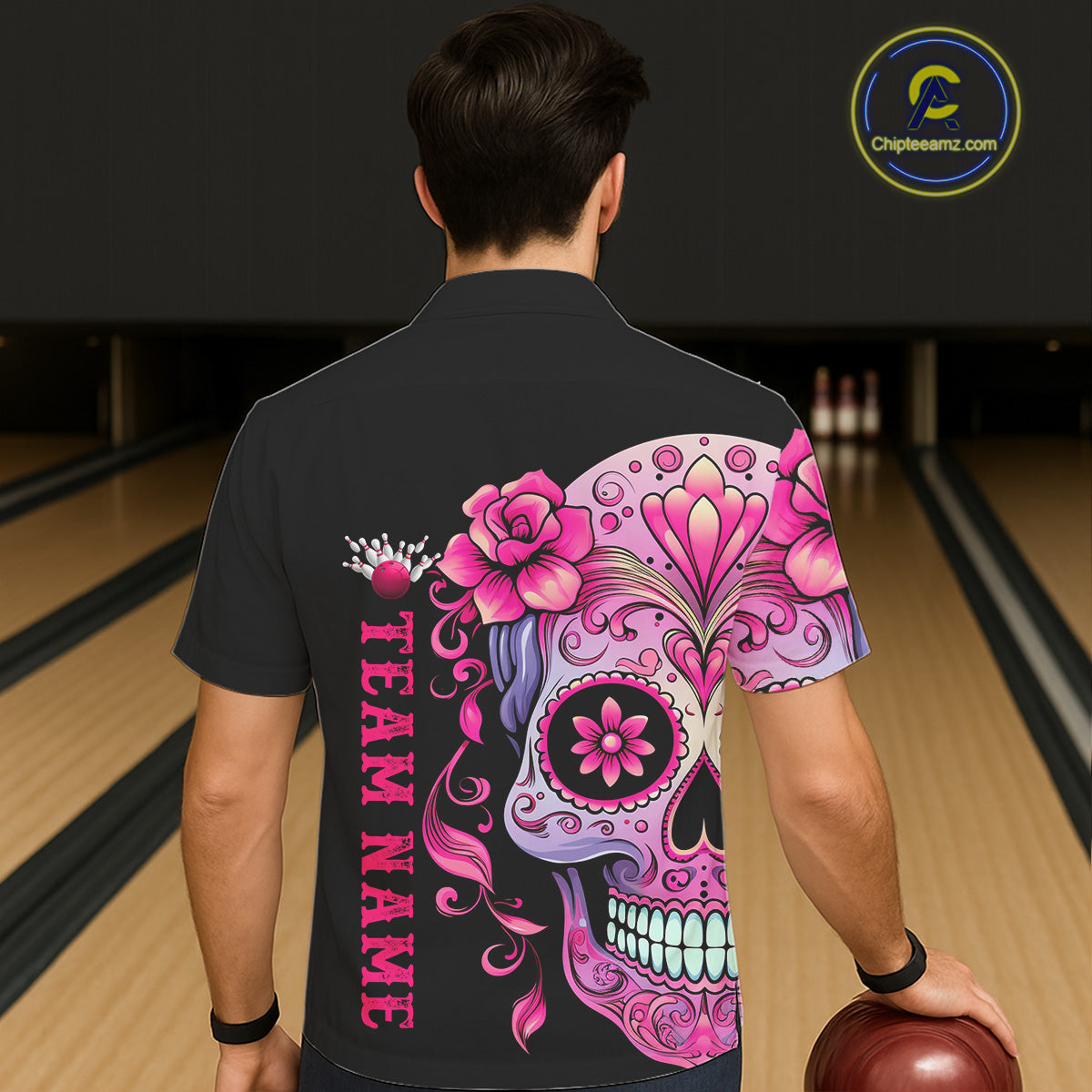 Pink Sugar Skull Tattoo Custom Men Bowling Hawaiian Shirts, Halloween Team Bowling Jerseys IPHW5243