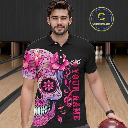 Pink Sugar Skull Tattoo Custom Unisex Team Bowling Polo Shirts, Halloween Team Bowling Jerseys IPHW5243