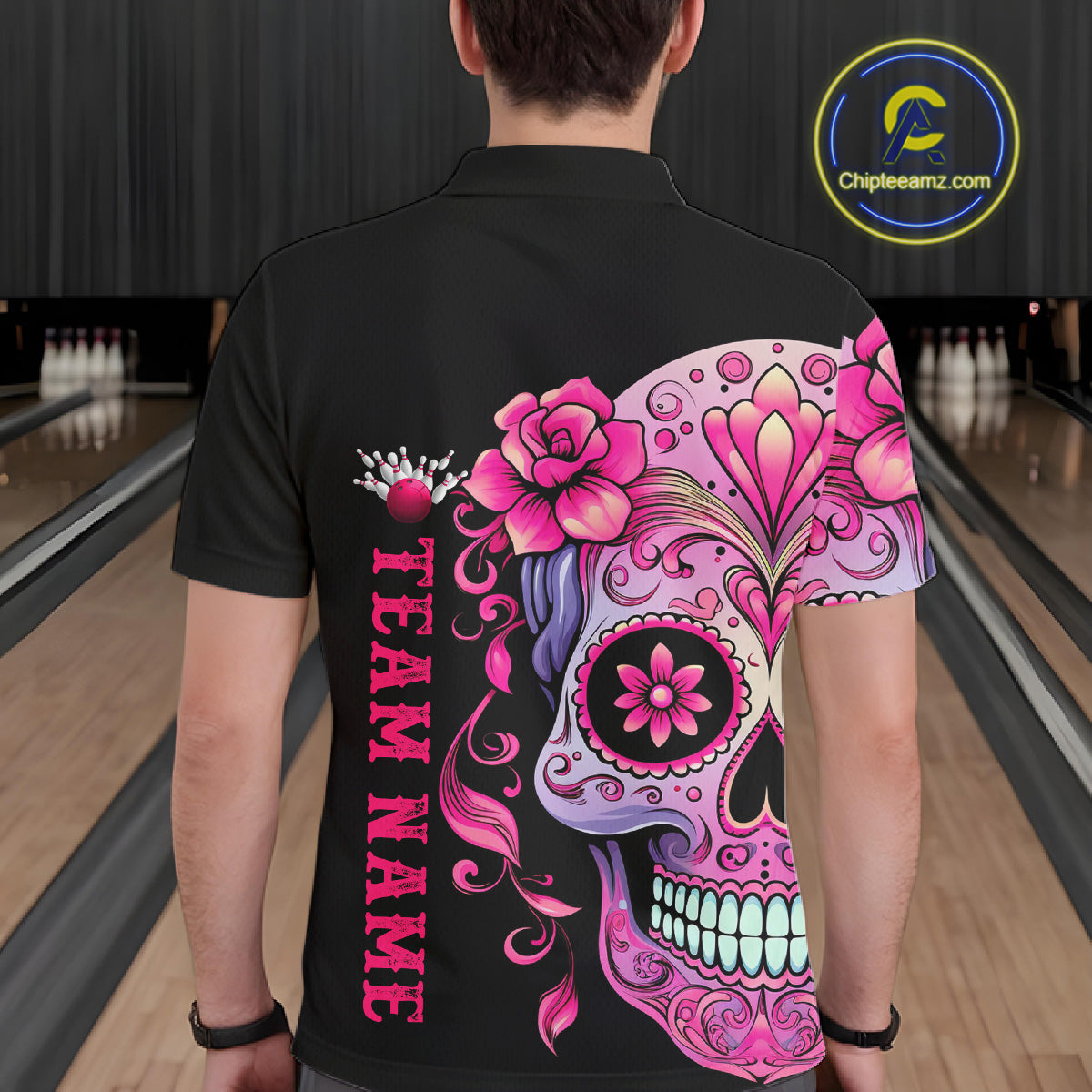 Pink Sugar Skull Tattoo Custom Unisex Team Bowling Polo Shirts, Halloween Team Bowling Jerseys IPHW5243