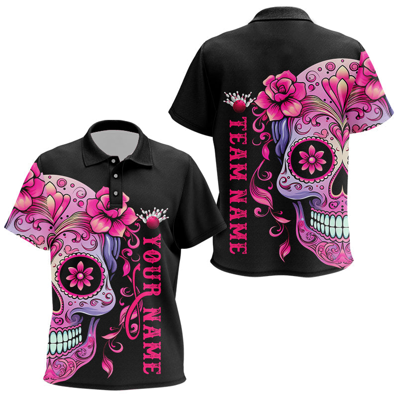 Pink Sugar Skull Tattoo Custom Kid Bowling Polo Shirts, Halloween Team Bowling Jerseys IPHW5243