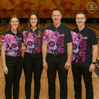 Pink Sugar Skull Tattoo Custom Unisex Team Bowling Polo Shirts, Halloween Team Bowling Jerseys IPHW5243