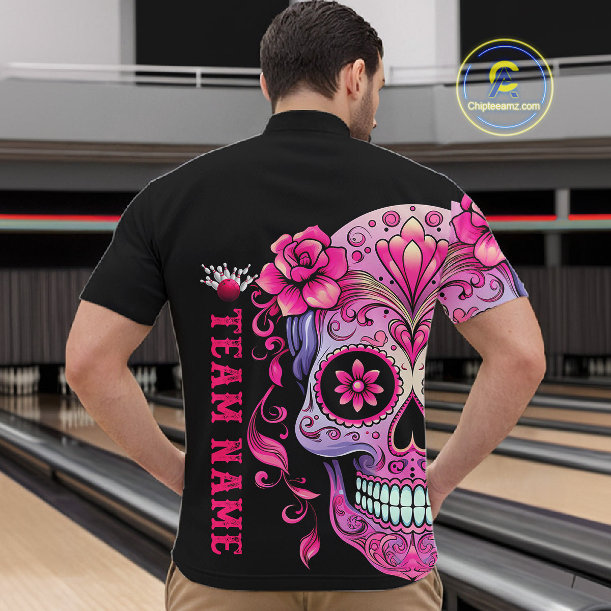 Pink Sugar Skull Tattoo Custom Unisex Bowling Quarter Zip Shirts, Halloween Team Bowling Jerseys IPHW5243
