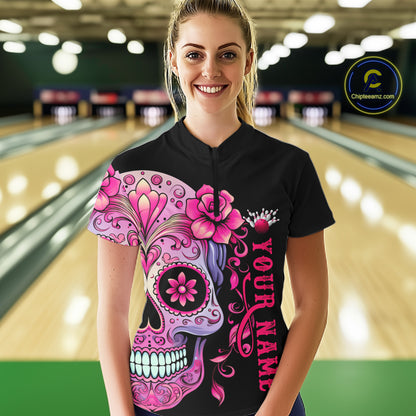 Pink Sugar Skull Tattoo Custom Women'S Bowling Quarter Zip Shirts, Halloween Bowling Shirts IPHW5243
