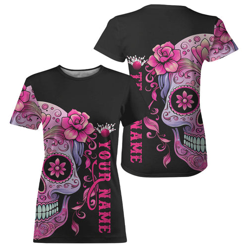 Pink Sugar Skull Tattoo Custom Women Bowling T-Shirts Shirts, Halloween Team Bowling Jerseys IPHW5243