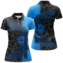 Load image into Gallery viewer, Black And Blue Custom Ladies Bowling Tournament Team Shirts, Bowling Ball And Wings Jerseys IPHW6447