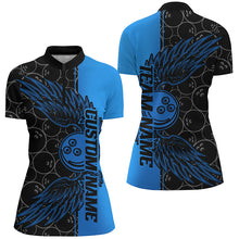 Load image into Gallery viewer, Black And Blue Custom Ladies Bowling Tournament Team Shirts, Bowling Ball And Wings Jerseys IPHW6447