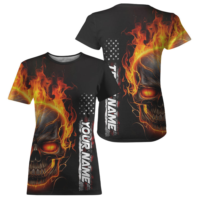 Flame Skull Custom Bowling Women T-Shirts Shirt,  Patriotic Bowling Team Jersey Halloween Outfit IPHW5275
