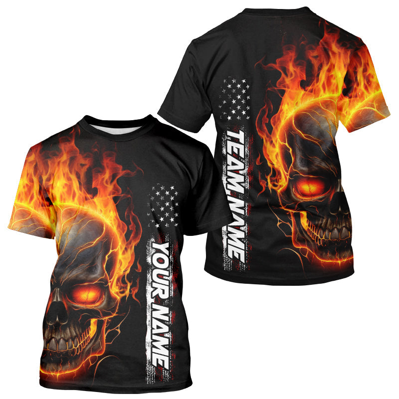 Flame Skull Custom Bowling Men T-Shirts Shirt,  Patriotic Bowling Team Jersey Halloween Outfit IPHW5275
