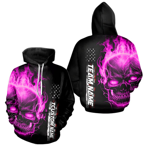 Custom Pink Flame Skull Bowling Men And Women Hoodie Shirts, Patriotic Bowling Shirt Halloween Outfit IPHW5279