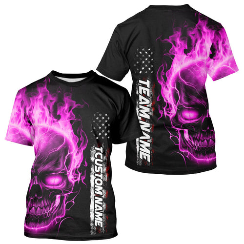 Custom Pink Flame Skull Bowling Men T-Shirts Shirts, Patriotic Bowling Halloween Outfit IPHW5279