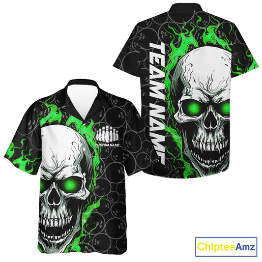 Custom Green Flame Skull Bowling Hawaiian Shirt For Men And Women, Halloween Bowler Jerseys IPHW5008