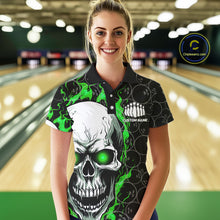 Load image into Gallery viewer, Personalized Skull Bowling Shirt For Women Custom Team&#39;S Name Flame Bowler Jerseys |  Green IPHW5008