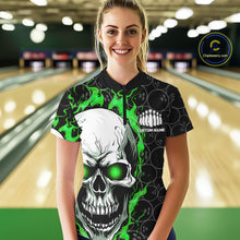 Load image into Gallery viewer, Personalized Skull Bowling Shirt For Women Custom Team&#39;S Name Flame Bowler Jerseys |  Green IPHW5008