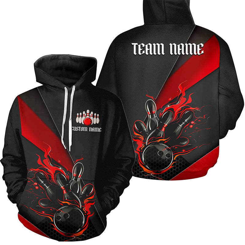 Red And Black Custom Flame Bowling Shirt For Men And Women, Hoodie Bowling Team Shirts With Name IPHW6185