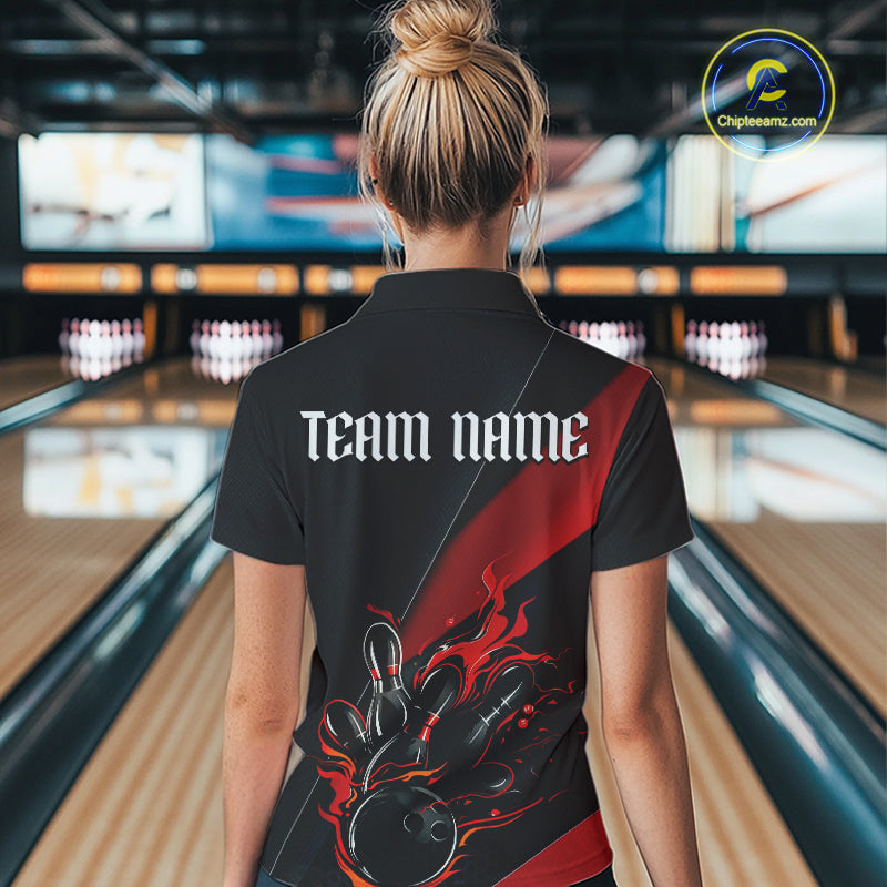 Black And Red Custom Name Bowling Tournament Jerseys For Women, Bowling Team Shirts IPHW6185