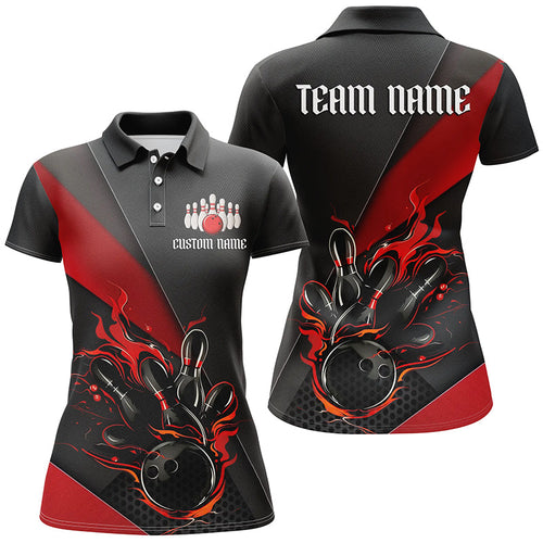 Black And Red Custom Name Bowling Tournament Jerseys For Women, Bowling Team Shirts IPHW6185