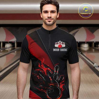 Black And Red Custom Name Bowling Tournament Jerseys For Men And Women, Bowling Team Shirts IPHW6185