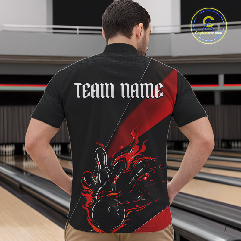 Black And Red Custom Name Bowling Tournament Jerseys For Men And Women, Bowling Team Shirts IPHW6185