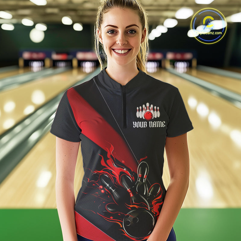 Black And Red Custom Name Bowling Tournament Jerseys For Women, Bowling Team Shirts IPHW6185