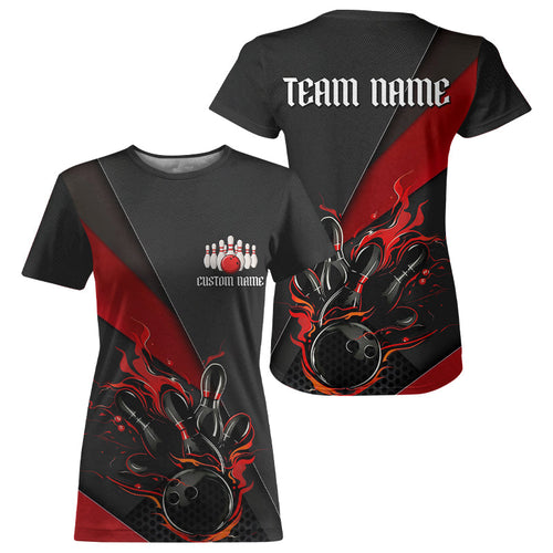 Red And Black Custom Flame Bowling T-Shirts For Women, Bowling Team With Name IPHW6185