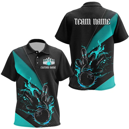 Custom Black And Blue Flame Bowling Tournament Kid Polo Shirts, Bowling Team Shirts IPHW6186