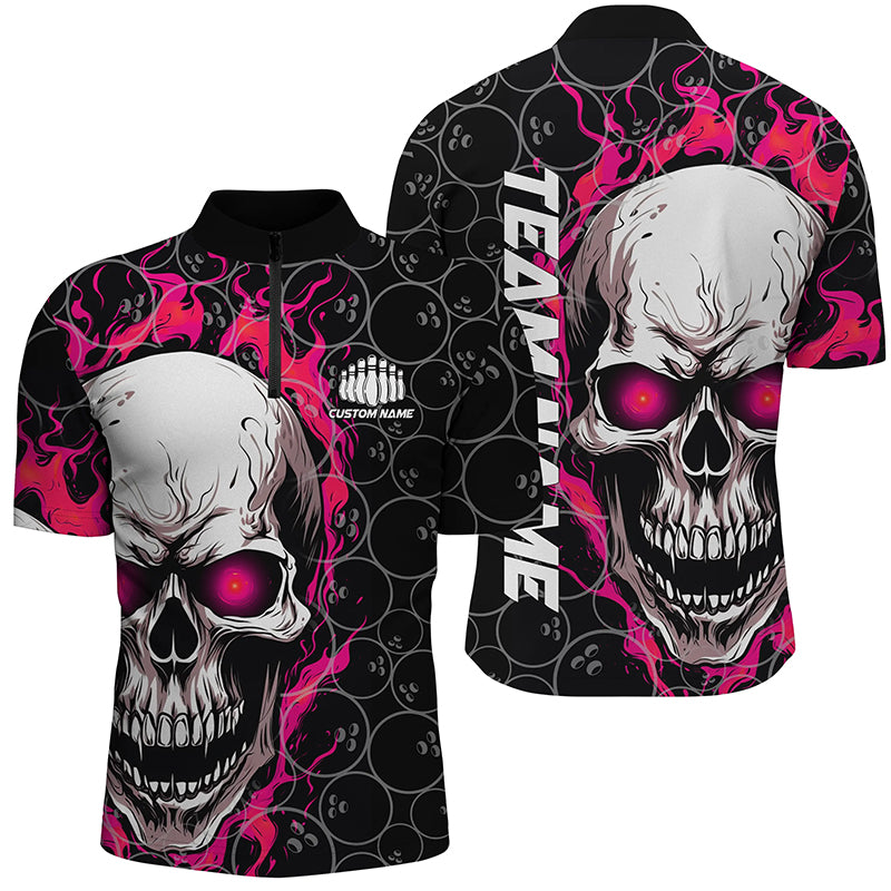 Custom Skull Bowling Quarter-Zip Shirt For Men,Flame Bowler Jerseys  5008IPHW