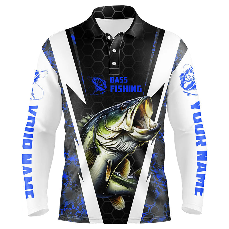 Custom Bass Fishing Jerseys, Largemouth Bass Long Sleeve Polo Fishing Shirts | Blue Camo IPHW3517