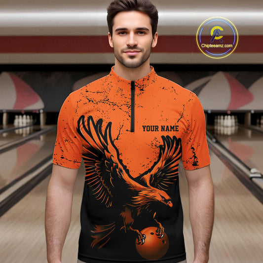 Custom Orange Eagle Men Bowling Quarter Zip Shirts Grunge Vintage Bowling Team Jerseys Outfits IPHW5343