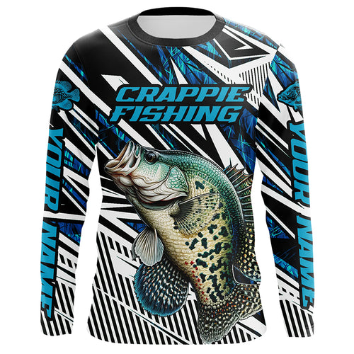 Custom Crappie Fishing Camo Long Sleeve Tournament Fishing Shirts, Crappie Fishing Jerseys | Blue IPHW5964