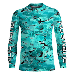 Turquoise Blue Camo Custom Long Sleeve Performance Fishing Shirts, Blue Camouflage Fishing Jerseys IPHW5970