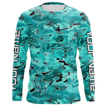 Load image into Gallery viewer, Turquoise Blue Camo Custom Long Sleeve Performance Fishing Shirts, Blue Camouflage Fishing Jerseys IPHW5970