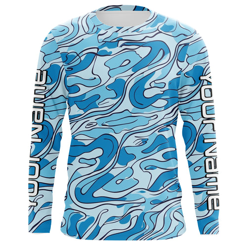 Turquoise Blue Camo Custom Long Sleeve Performance Fishing Shirts, Blue Camouflage Fishing Jerseys IPHW5972