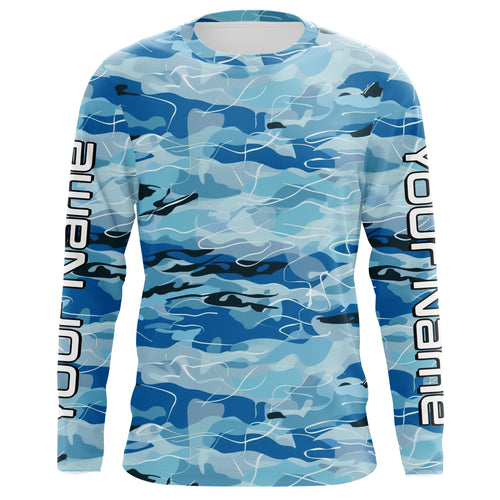 Blue Water Camo Custom Long Sleeve Performance Fishing Shirts, Sun Protection Fishing Jerseys IPHW5976