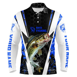 Personalized Bass Fishing Sport Jerseys, Bass Fishing Long Sleeve Polo Tournament Shirts | Blue Camo IPHW4404