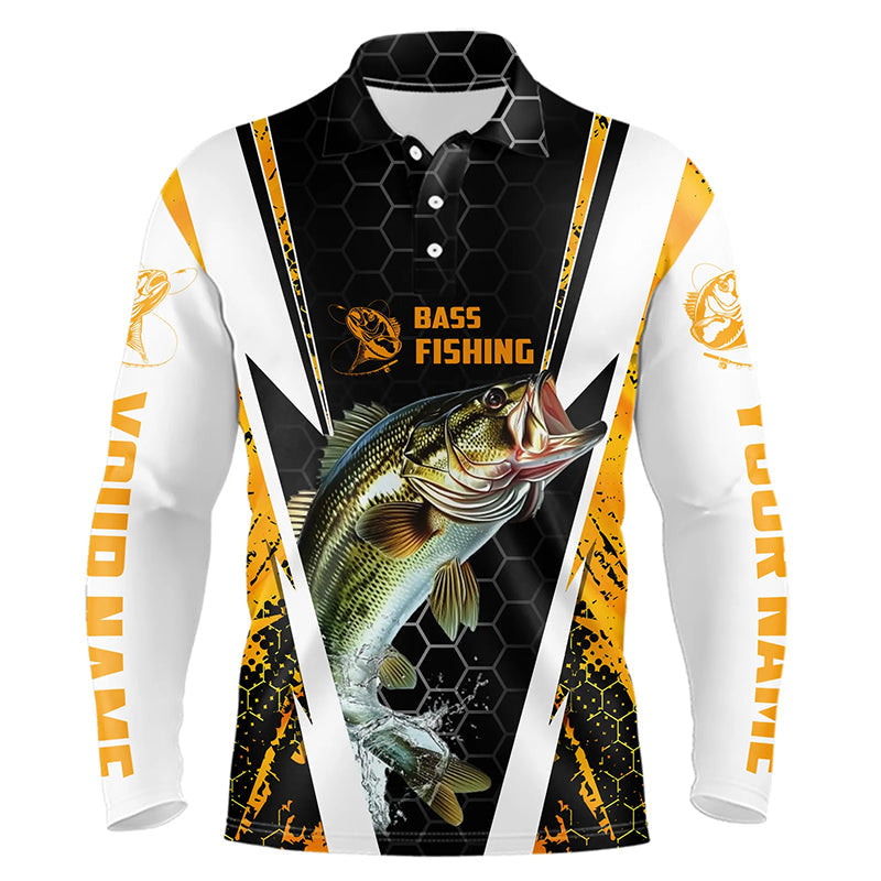 Personalized Bass Fishing Sport Jerseys, Bass Fishing Long Sleeve Polo Tournament Shirts | Yellow Camo IPHW4406