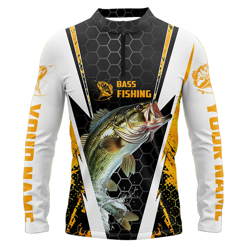 Custom Bass Fishing Jerseys, Bass Fishing Long Sleeve Quarter-Zip Tournament Shirts | Yellow Camo IPHW4406