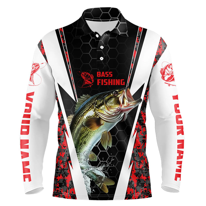 Personalized Bass Fishing Sport Jerseys, Bass Fishing Long Sleeve Polo Tournament Shirts | Red Camo IPHW4407