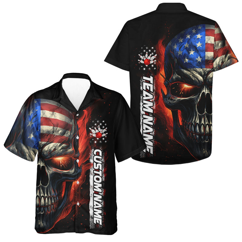 Custom Flame American Flag Skull Bowling Team Men Hawaiian Shirt, Patriotic Bowling Jerseys IPHW5176