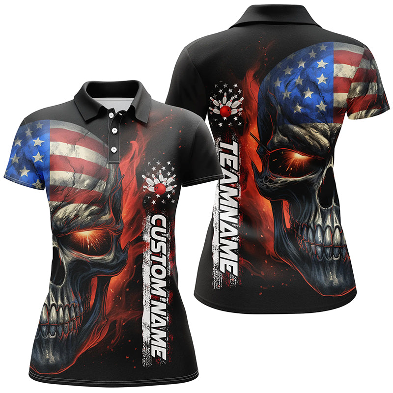 Flame Skull American Flag Custom Women's Team Bowling Shirts, Patriotic Bowling Jerseys IPHW5176