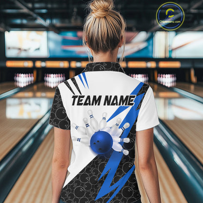 Black and White Bowling Polo, Quarter Zip Shirt for Women Custom Lightning Team bowling jerseys | Blue NQS9837
