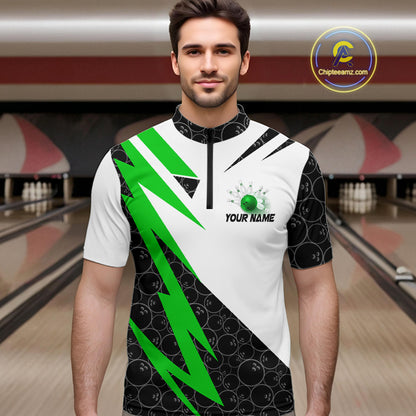 Black and White Bowling Polo, Quarter Zip Shirt for Men Custom Lightning Team bowling jerseys | Green NQS9838