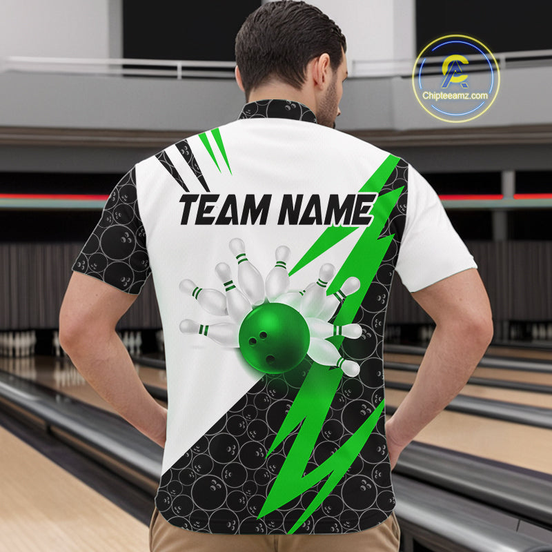 Black and White Bowling Polo, Quarter Zip Shirt for Men Custom Lightning Team bowling jerseys | Green NQS9838