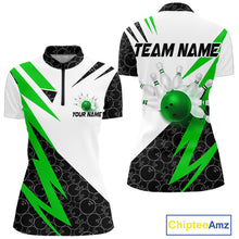 Load image into Gallery viewer, Black and White Bowling Polo, Quarter Zip Shirt for Women Custom Lightning Team bowling jersey | Green NQS9838