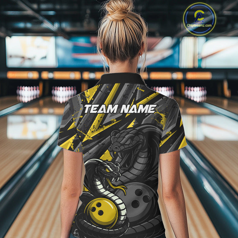 Custom Grunge Black And Yellow Cobra Snake Bowling Women Polo Shirts With Team Name IPHW9028